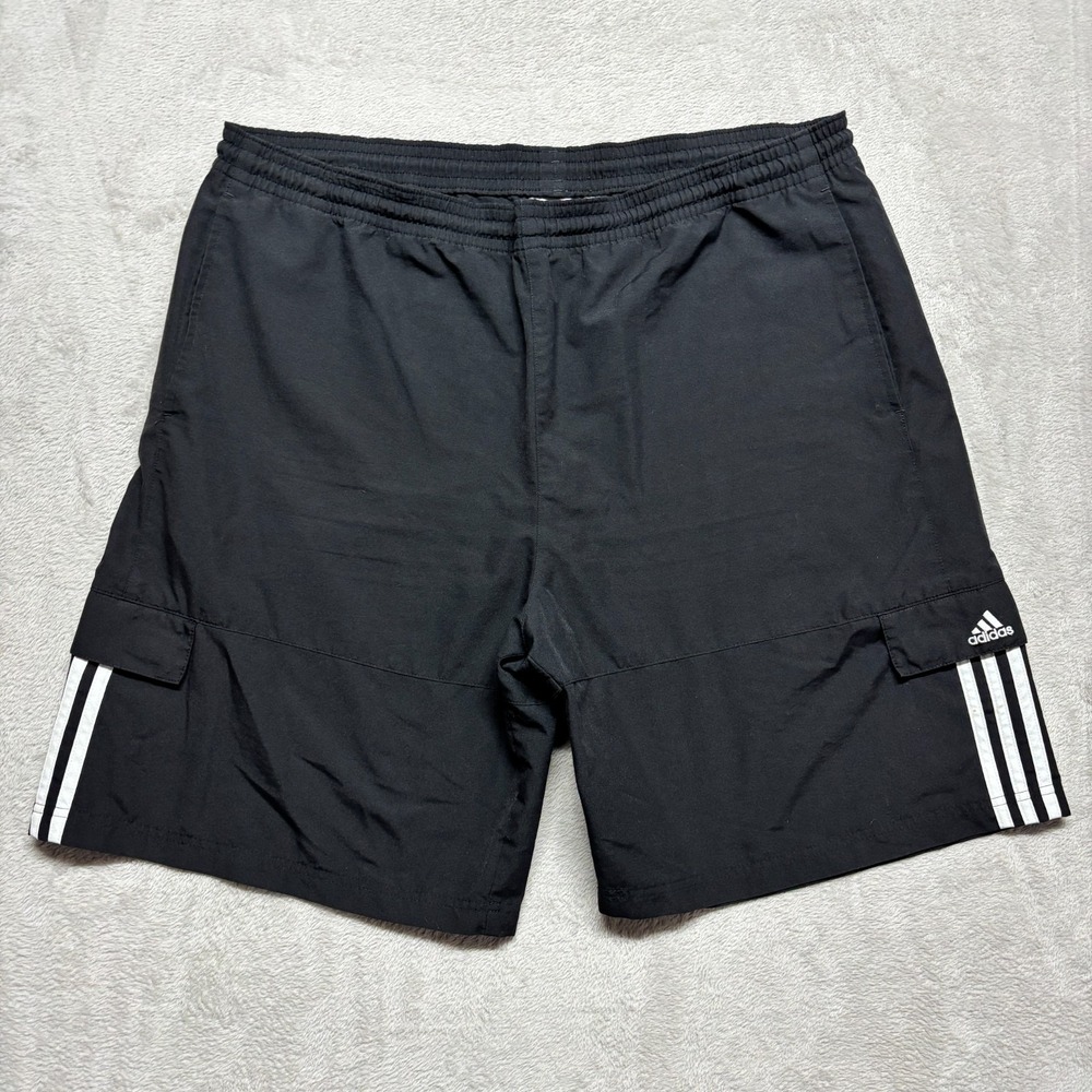 ADIDAS Shorts Mens XL Black Cargo Pocket 3 Stripe Drawstring Loose Outdoor Y2K